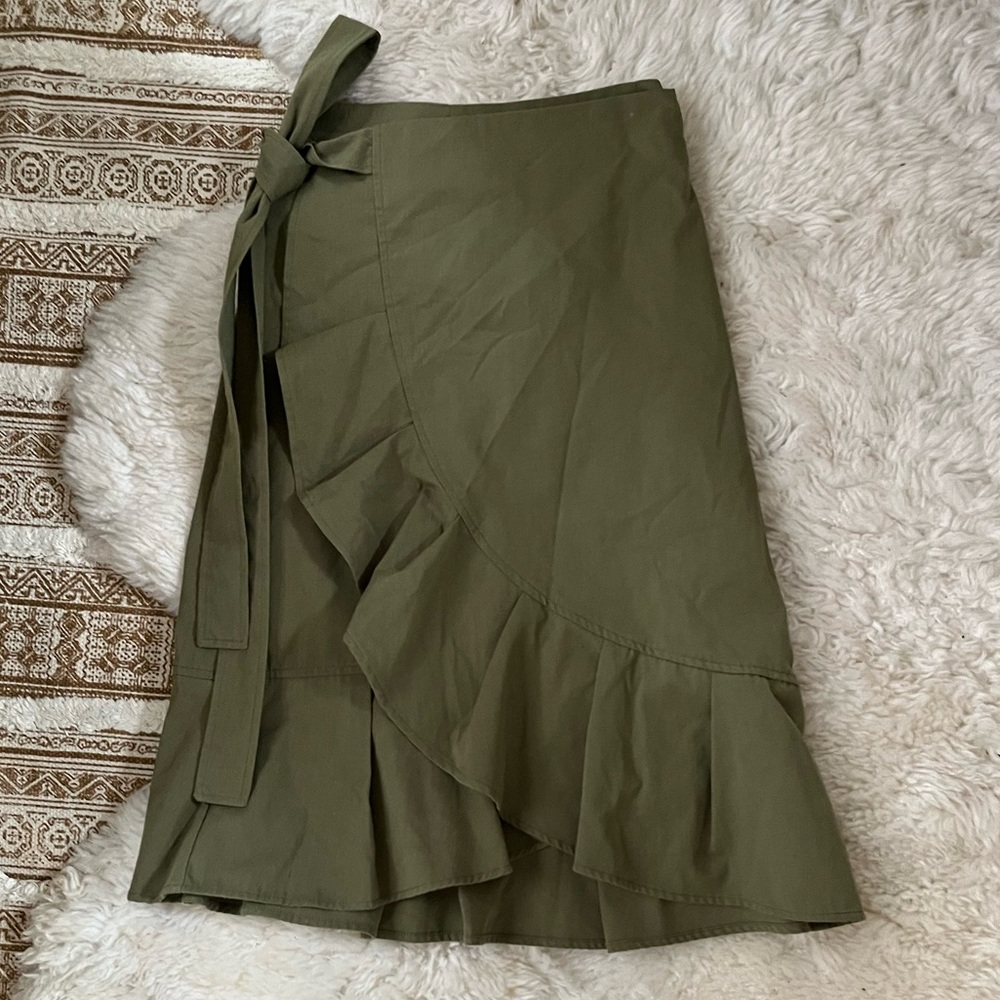 Olive Green Pleated Wrap Around Tie Waist Midi Skirt - Wrap Skirt with Bow